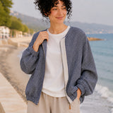 100% Linen Rounded-Neck Zip-Front Cropped Jacket