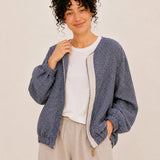 100% Linen Rounded-Neck Zip-Front Cropped Jacket