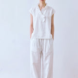 100% Linen Ruffle Collar Cap Sleeve Blouse