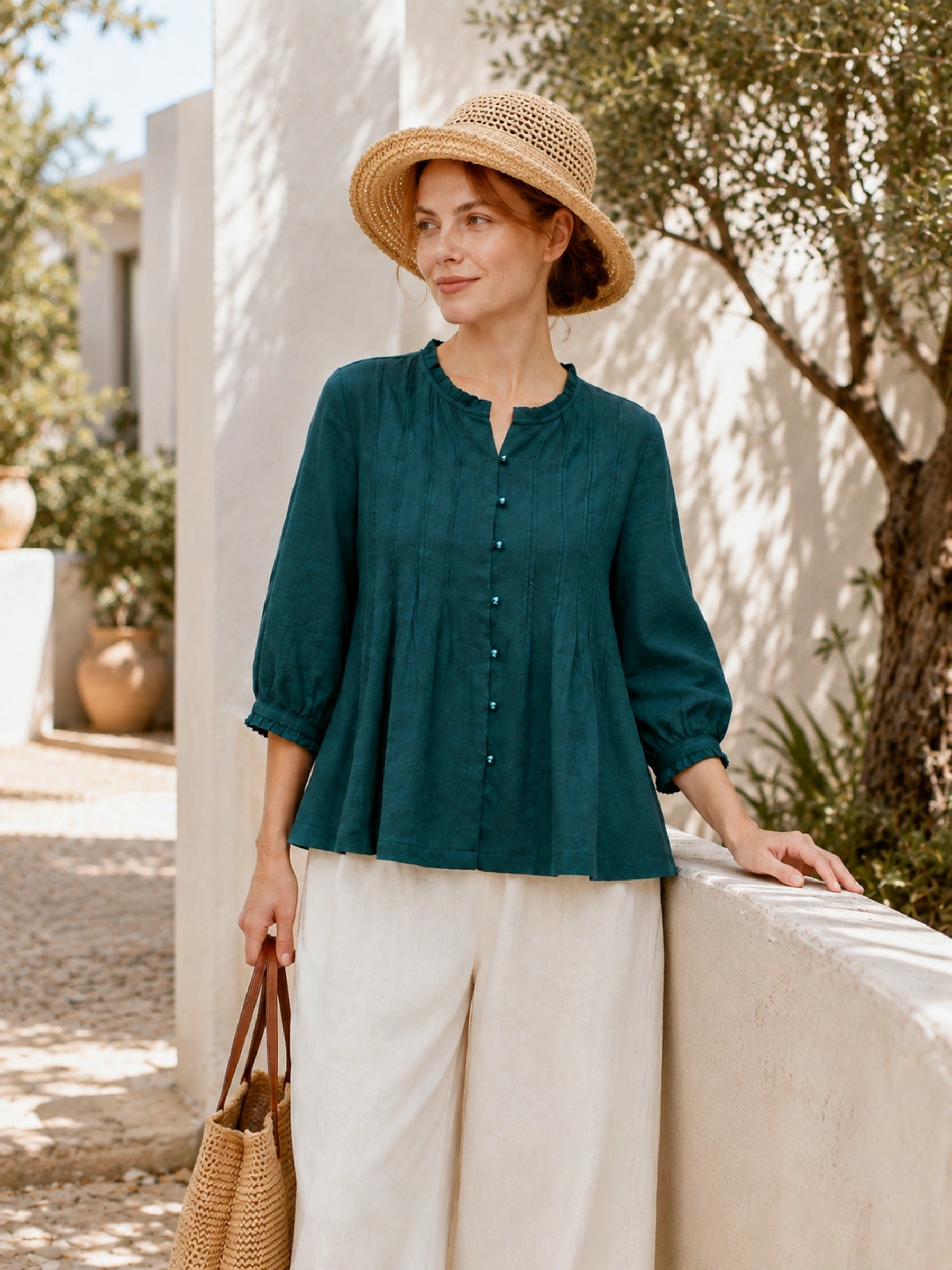 100% Linen Ruffle Crewneck Shirt