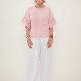 100% Linen Ruffle Neck Tiered Flare Sleeve Blouse