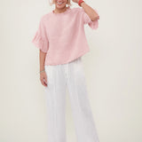 100% Linen Ruffle Neck Tiered Flare Sleeve Blouse
