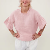 100% Linen Ruffle Neck Tiered Flare Sleeve Blouse