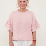 100% Linen Ruffle Neck Tiered Flare Sleeve Blouse
