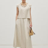 100% Linen Ruffle Neckline Flutter Sleeve Tank Top