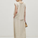 100% Linen Elastic Waist Side Pocket Maxi Skirt