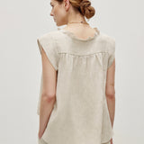 100% Linen Ruffle Neckline Flutter Sleeve Tank Top