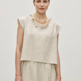 100% Linen Ruffle Neckline Flutter Sleeve Tank Top