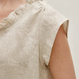 100% Linen Ruffle Neckline Flutter Sleeve Tank Top