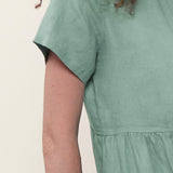 100% Linen Reversible Ruffle Neckline Short Sleeve Midi Dress