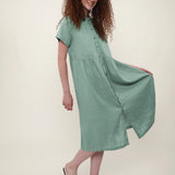 100% Linen Reversible Ruffle Neckline Short Sleeve Midi Dress