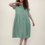 100% Linen Reversible Ruffle Neckline Short Sleeve Midi Dress