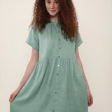 100% Linen Reversible Ruffle Neckline Short Sleeve Midi Dress