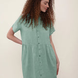 100% Linen Reversible Ruffle Neckline Short Sleeve Midi Dress