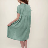 100% Linen Reversible Ruffle Neckline Short Sleeve Midi Dress