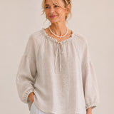 100% Linen Ruffle Stand-Collar Tie-Neck Balloon-Sleeve Top