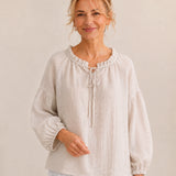 100% Linen Ruffle Stand-Collar Tie-Neck Balloon-Sleeve Top