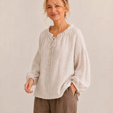 100% Linen Ruffle Stand-Collar Tie-Neck Balloon-Sleeve Top