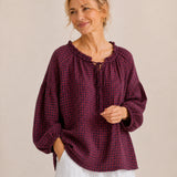 100% Linen Ruffle Stand-Collar Tie-Neck Balloon-Sleeve Top