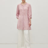 100% Linen Ruffle Trim Half Sleeve Tunic Shirt