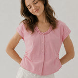 100% Linen Ruffle Trim V-neck Side Ruched Cap Sleeve Blouse