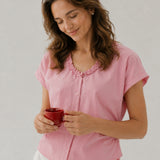 100% Linen Ruffle Trim V-neck Side Ruched Cap Sleeve Blouse