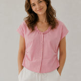 100% Linen Ruffle Trim V-neck Side Ruched Cap Sleeve Blouse