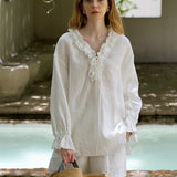 100% Linen V-Neck Ruffle Tie Detail Long Sleeve Blouse