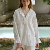 100% Linen V-Neck Ruffle Tie Detail Long Sleeve Blouse