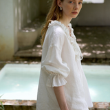 100% Linen V-Neck Ruffle Tie Detail Long Sleeve Blouse