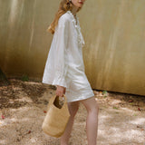 100% Linen V-Neck Ruffle Tie Detail Long Sleeve Blouse