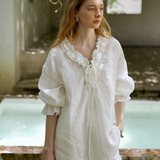 100% Linen V-Neck Ruffle Tie Detail Long Sleeve Blouse