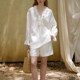 100% Linen V-Neck Ruffle Tie Detail Long Sleeve Blouse