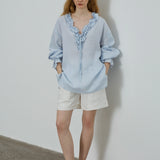 100% Linen V-Neck Ruffle Tie Detail Long Sleeve Blouse
