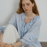 100% Linen V-Neck Ruffle Tie Detail Long Sleeve Blouse