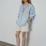 100% Linen V-Neck Ruffle Tie Detail Long Sleeve Blouse