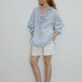 100% Linen V-Neck Ruffle Tie Detail Long Sleeve Blouse