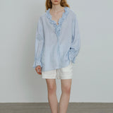 100% Linen V-Neck Ruffle Tie Detail Long Sleeve Blouse