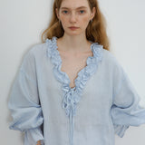 100% Linen V-Neck Ruffle Tie Detail Long Sleeve Blouse