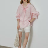 100% Linen V-Neck Ruffle Tie Detail Long Sleeve Blouse