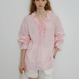 100% Linen V-Neck Ruffle Tie Detail Long Sleeve Blouse