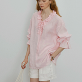 100% Linen V-Neck Ruffle Tie Detail Long Sleeve Blouse