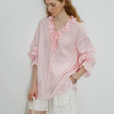 100% Linen V-Neck Ruffle Tie Detail Long Sleeve Blouse