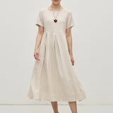 100% Linen Short Sleeve Pleated Maxi Dress