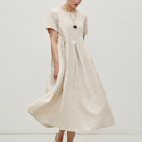 100% Linen Short Sleeve Pleated Maxi Dress