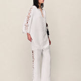 100% Linen Side Lace Patchwork Straight Leg Pants