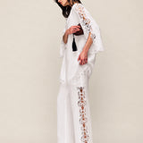 100% Linen Side Lace Patchwork Straight Leg Pants