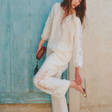 100% Linen Side Lace Patchwork Straight Leg Pants
