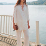 100% Linen Side Lace Patchwork Straight Leg Pants