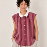 100% Linen Sleeveless Collared Button-Front Relaxed Top